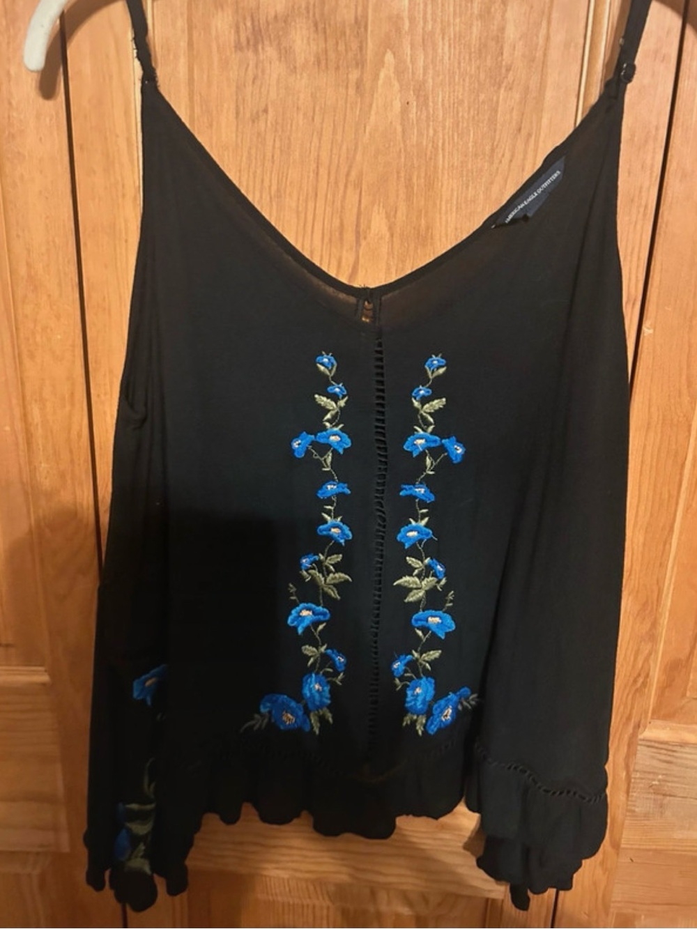 American Eagle Outfitters Black top with Blue Floral Embroidery